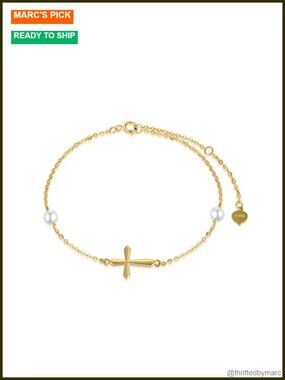 14k Real Gold Cross Bracelet Freshwater Pearl Religious Gift for Her